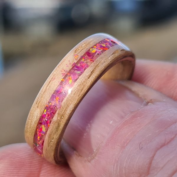 Hand crafted Oak bentwood ring with pink opal inlay.